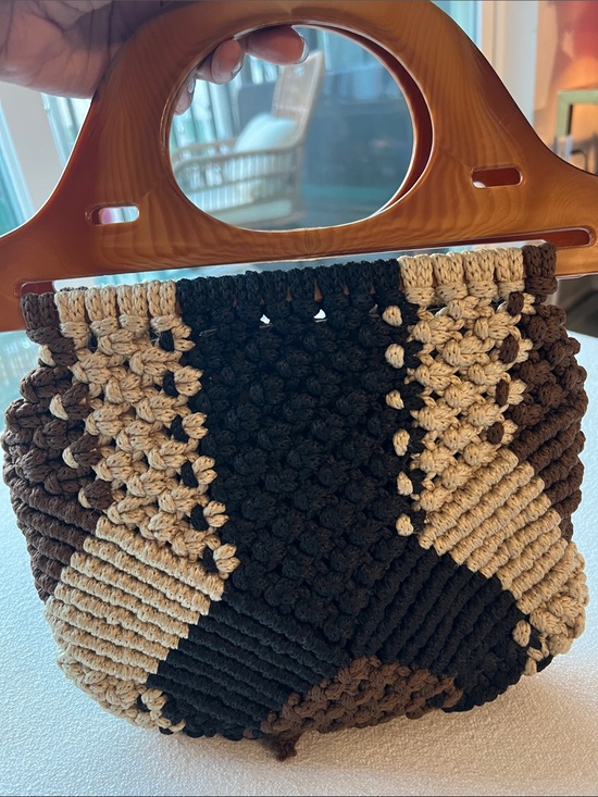 Handbags - Handmade VINTAGE Crochet Tote Bag with Brown, Black & Cream Panels